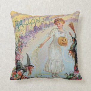 Coussin Femme Sorcière Gobelin Citrouille Lanterne Jack