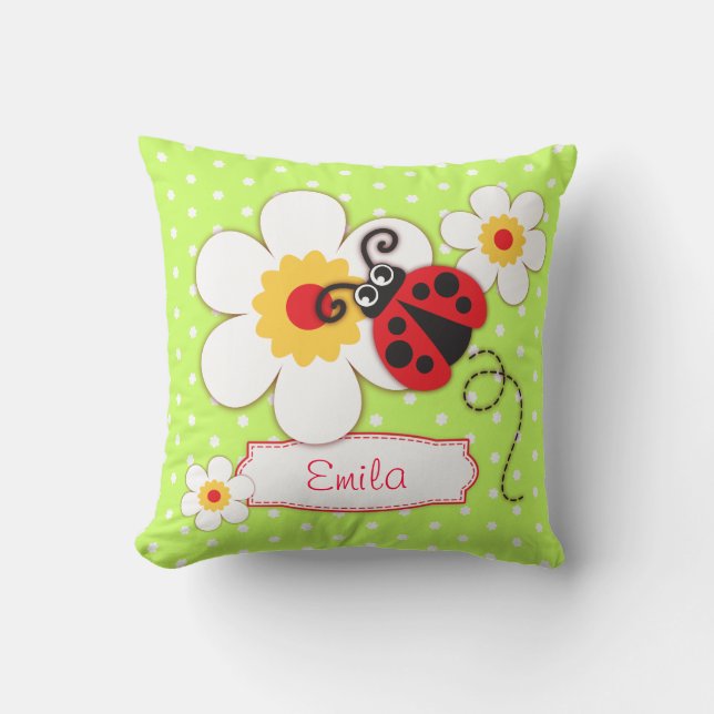 Coussin Femme verte nom de coccinelle pois de fleurs couss (Recto)