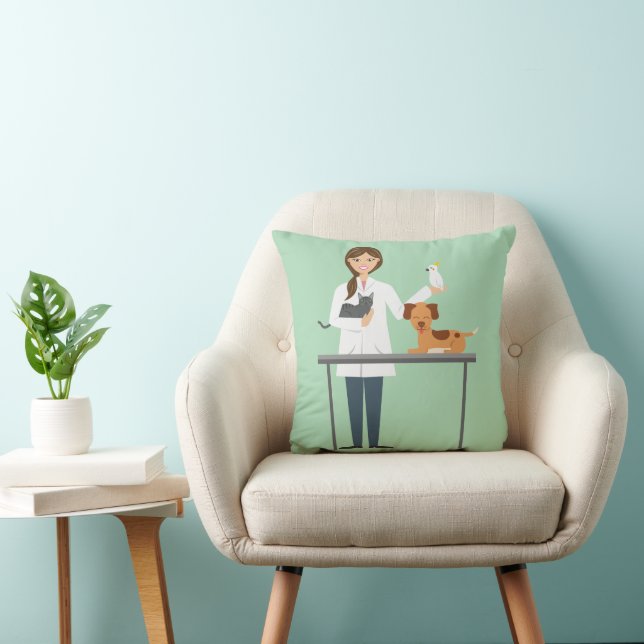 Coussin Femme Vétérinaire Avec Animaux Sur Vert (Chaise)