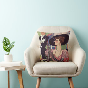 Coussin Femme vintage fumant une cigarette buvant du champ