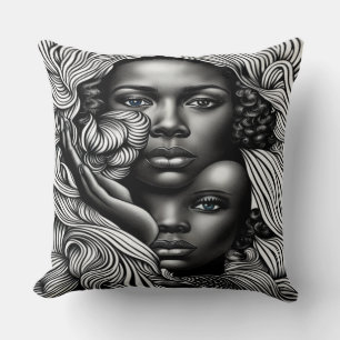 Coussin Femmes afro-américaines Abstraites noires et blanc