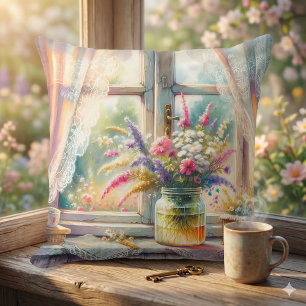 Coussin Fenêtre de cottage ensoleillée avec fleurs sauvage