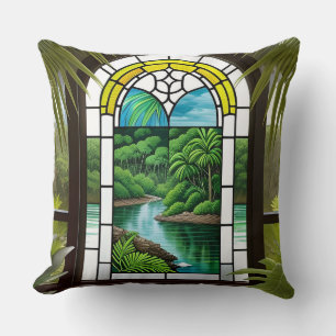 Coussin Fenêtre de verre coloré scène de la nature