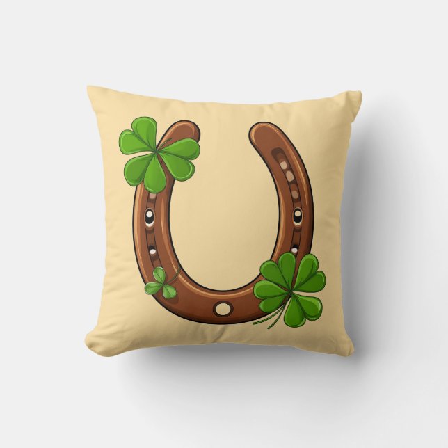 Coussin Fer à Cheval Chanceux Avec Trèfles Verts (Recto)