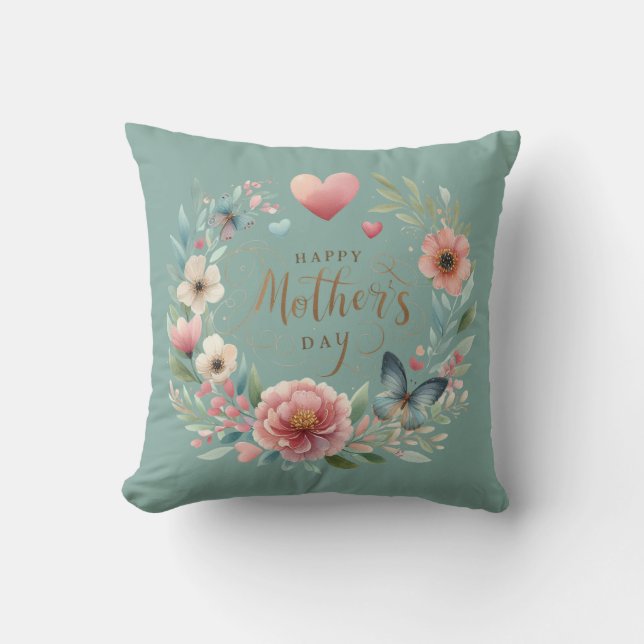 Coussin Fer de fleurs avec un papillon Joyeuse fête des mè (Recto)