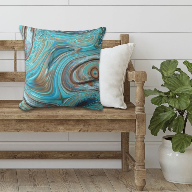 Coussin ferme bleu turquoise Tourbillons turquoise à grain (farmhouse teal blue Woodgrain turquoise swirls Outdoor Pillow)