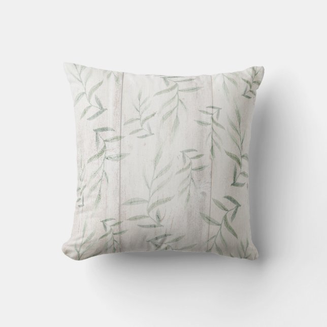 Coussin Ferme Botanique Blanc Bois Rustique Feuilles (Recto)