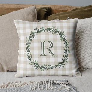 Coussin Ferme Buffalo Beige Plaid Wreath Monogramme