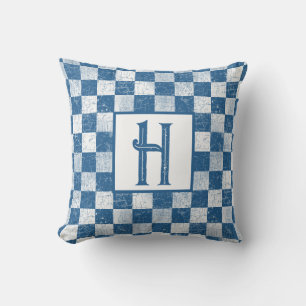 Coussin Ferme Chèques Rustiques, Monogramme, Bleu, Blanc
