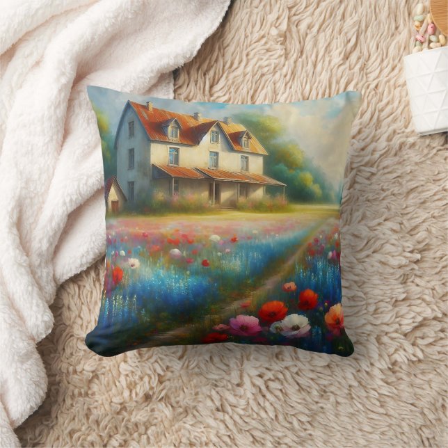 Coussin Ferme dans un champ de fleurs (Couverture)