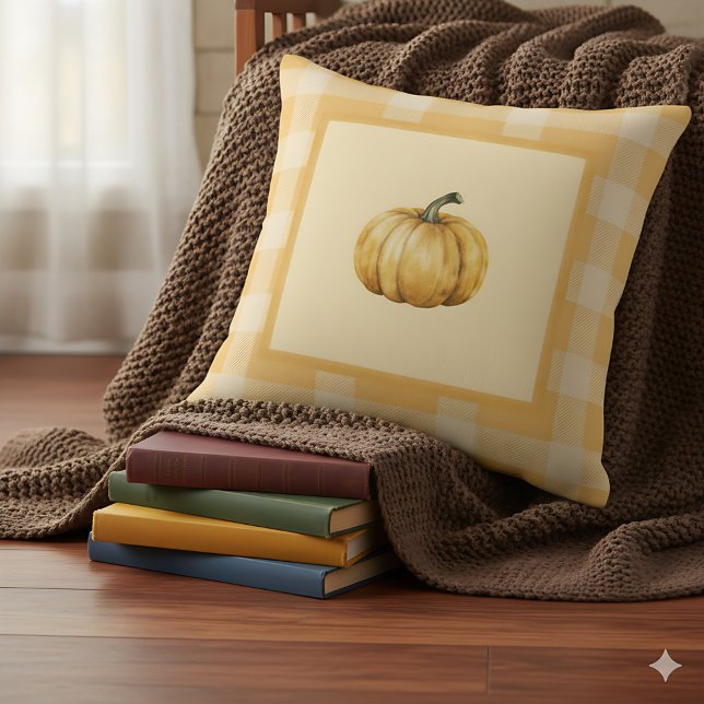 Coussin Ferme de citrouille orange Maison de campagne Acce (Rustic plaid pillow with pumpkin - perfect orange farmhouse decor.)