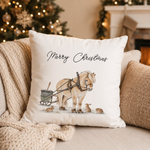 Coussin Ferme de Noël Cheval Animaux Hiver