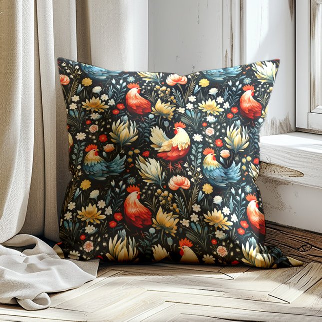 Coussin Ferme de poulets Coq Maison Navy Blue  (Red and blue rooster pattern on black decorator pillow)
