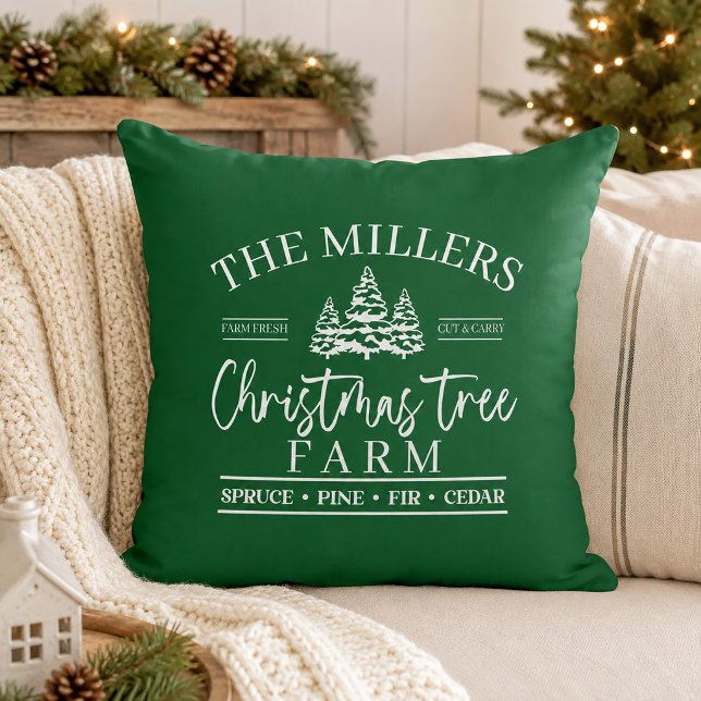 Coussin Ferme de sapins de Noël verts et blancs  (Green and White Christmas Tree Farm Throw Pillow)