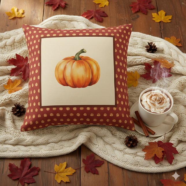 Coussin Ferme Décor Automne avec Citrouille - Rétro Automn (Decorative pumpkin pillow with fall leaves background.)