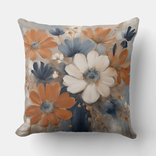 Coussin Ferme moderne Marine Bleu Orange Floral (Recto)