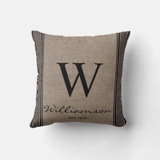 Coussin Ferme Rustique À Rayures Ticking Burlap Monogramme (Verso)