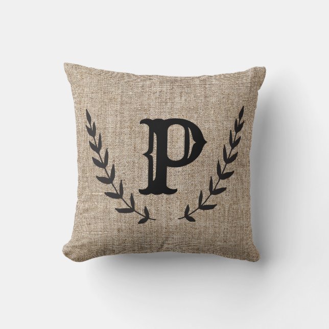 Coussin Ferme Rustique Burlap & Botanique Noir Laurier (Recto)