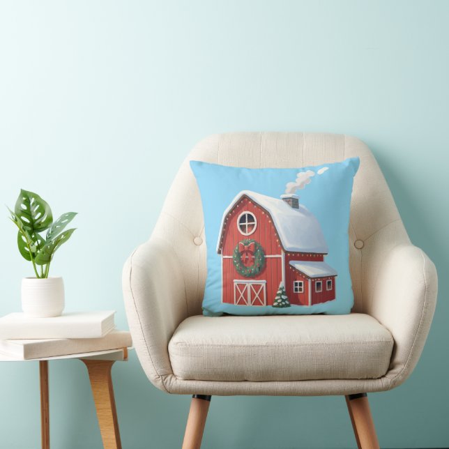 Coussin Ferme rustique festive grange rouge enneigée Noël (Chaise)