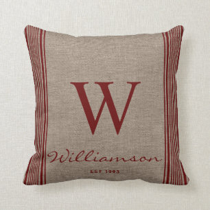 Coussin Ferme Rustique Rayure à Carreaux Burlap Monogramme
