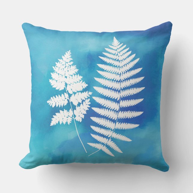 Coussin Fern Frond, Blanc sur un Arrière - plan d'aquarell (Recto)