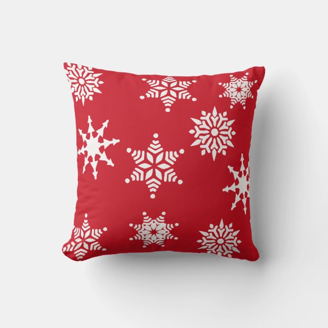 Coussin Festif de Noël Rouge & Blanc Snowflakes Étoiles (Recto)