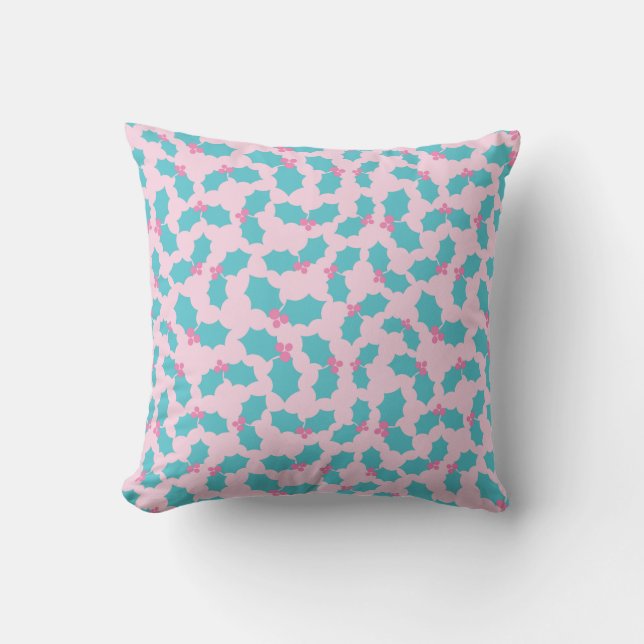 Coussin Festif de Noël Turquoise & Rose Mistletoe (Recto)