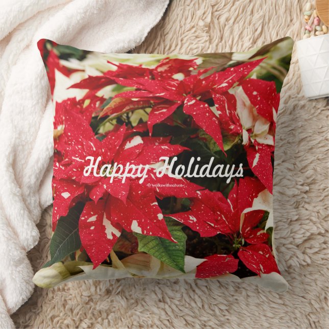 Coussin Festif Floral Rouge Blanc Poinsettias Feuilles (Couverture)