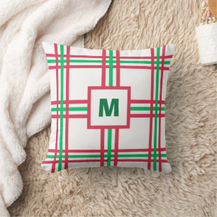 Coussin Festif Monogramme moderne Rouge Vert Plaid Vacance