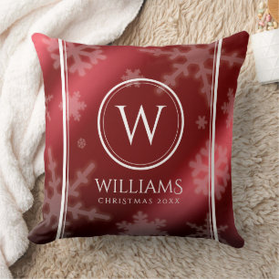 Coussin Festif Red Foil Snowflakes Nom du monogramme