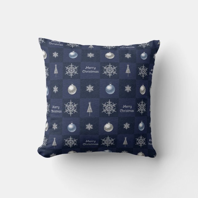 Coussin Festif Snowflakes, ornements et arbres de Noël (Recto)