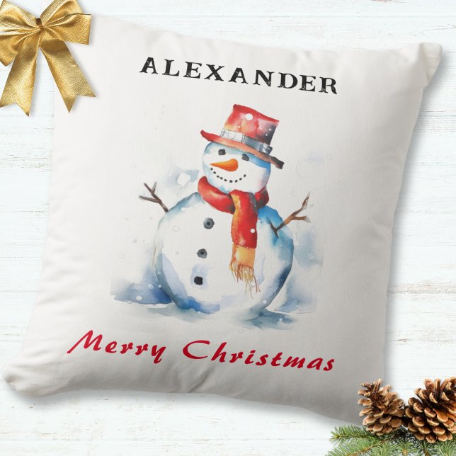Coussin Festif Snowman Whimsical Custom Joyeux Noël (A personalized festive throw pillow, with snowman picture and Merry Christmas greeting)