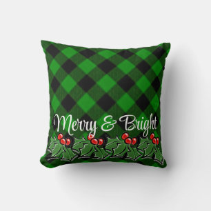 Coussin Festif vert noir plaid sainte feuille baies