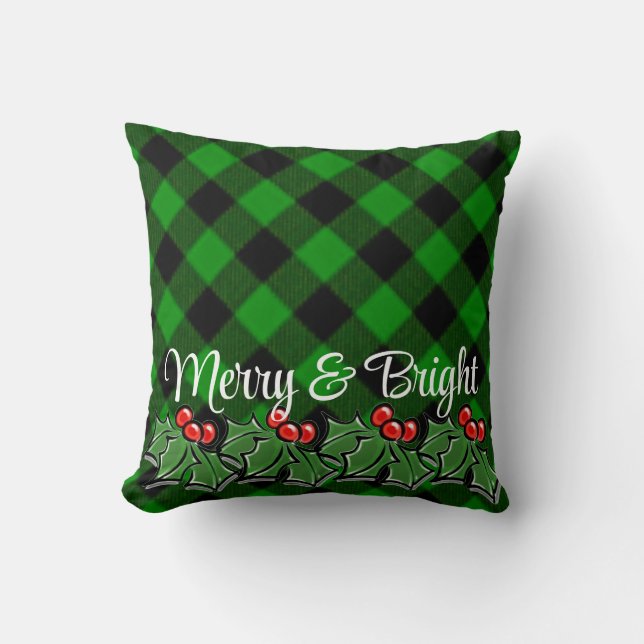 Coussin Festif vert noir plaid sainte feuille baies (Recto)