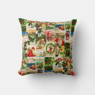 Coussin Festif Vintage Victorien Noël Père Noël Collage