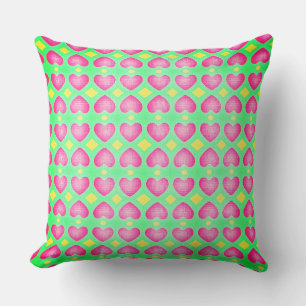 Coussin Festival des Coeurs Rose Chaud sur Vert Menthe