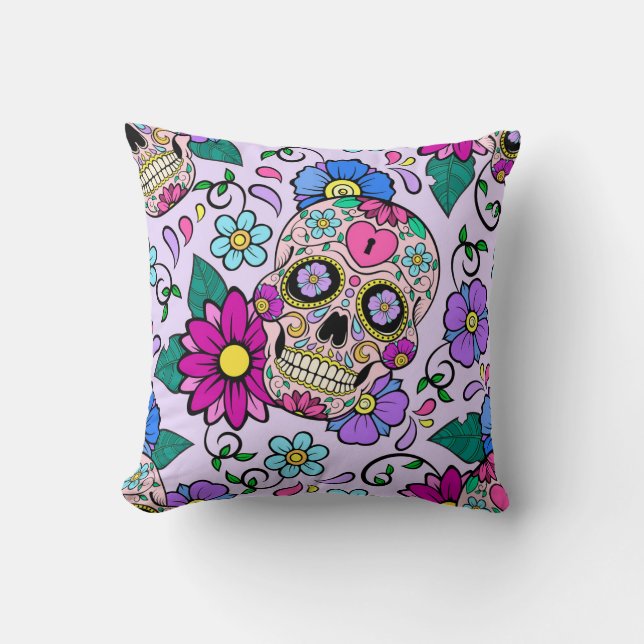 Coussin Festive background with sugar skulls, heart and fl (Recto)