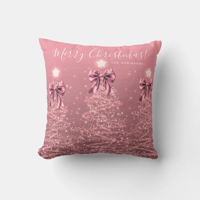 Coussin Festive Holiday Blush Pink Christmas Trees Name (Recto)