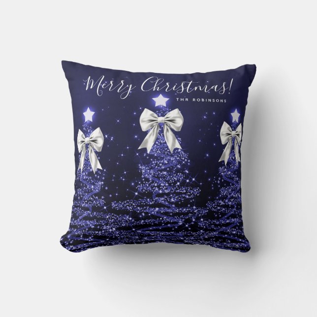 Coussin Festive Holiday Navy Christmas Trees Name Silver (Recto)