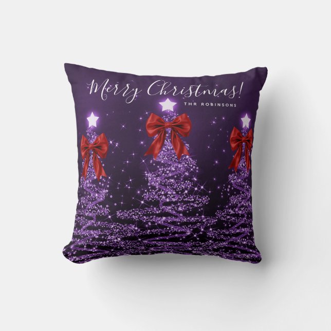 Coussin Festive Holiday Purple Christmas Trees Name Red  (Recto)