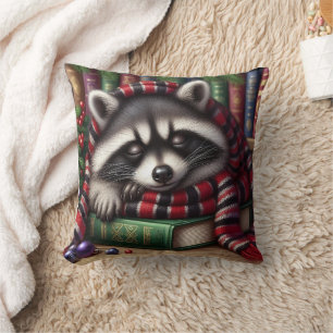 Coussin Festive Raccoon dormir sur les livres