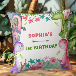 Coussin Fête d'anniversaire 1 an dinosaure fille mignonne