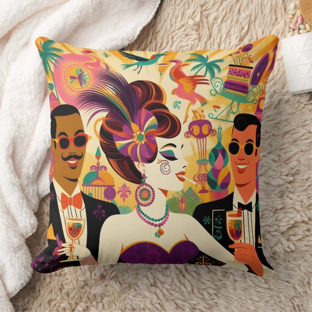 Coussin Fête de cocktail rétro milieu du siècle Mardi Gras (Couverture)