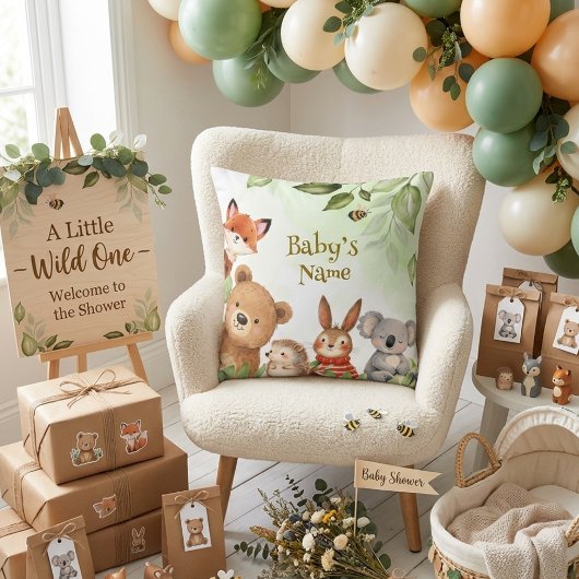 Coussin Fête de Naissance Bébé Animaux Mignons Forêt Verte