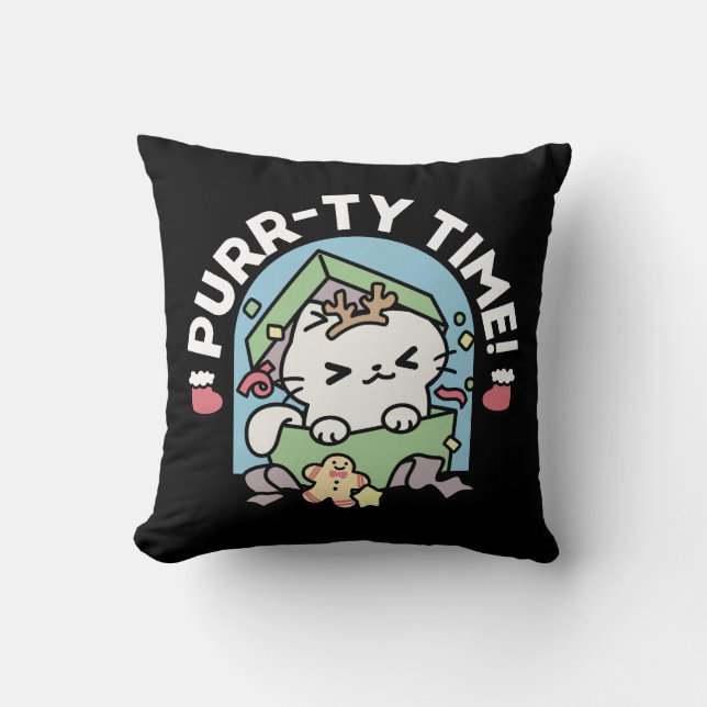 Coussin Fête de Noël avec Purr-ty Time Cat (Recto)