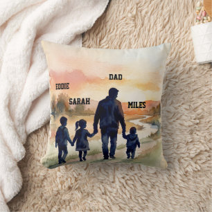 Coussin Fête des Pères Aquarelle Famille Coucher de soleil
