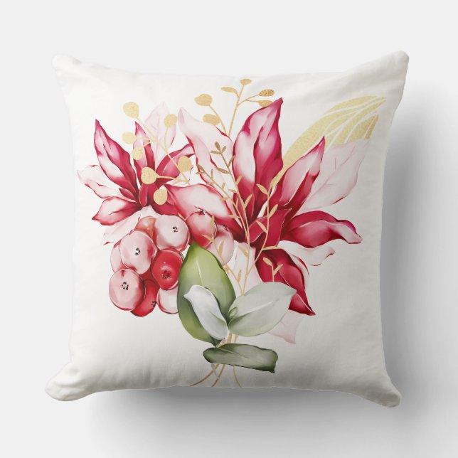 Coussin Fête d'hiver poinsettia aquarelle fleurs (Recto)
