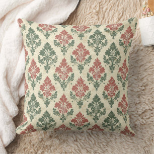 Coussin Fête Vintage Damassé Rouge Vert Beige