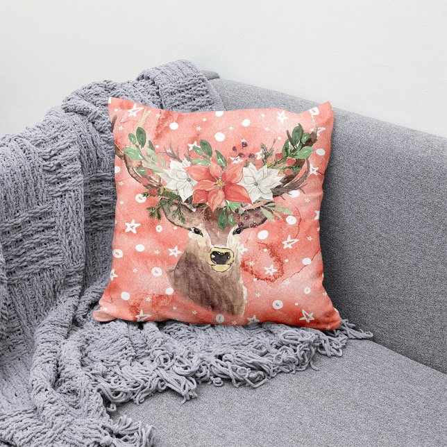 Coussin Fêtes de Noël - Aquarelle Cerf & PointsettiaR (Créateur téléchargé)
