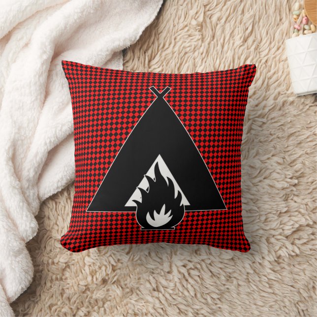 Coussin Feu de camp et tente sur tableau rouge et noir (Couverture)